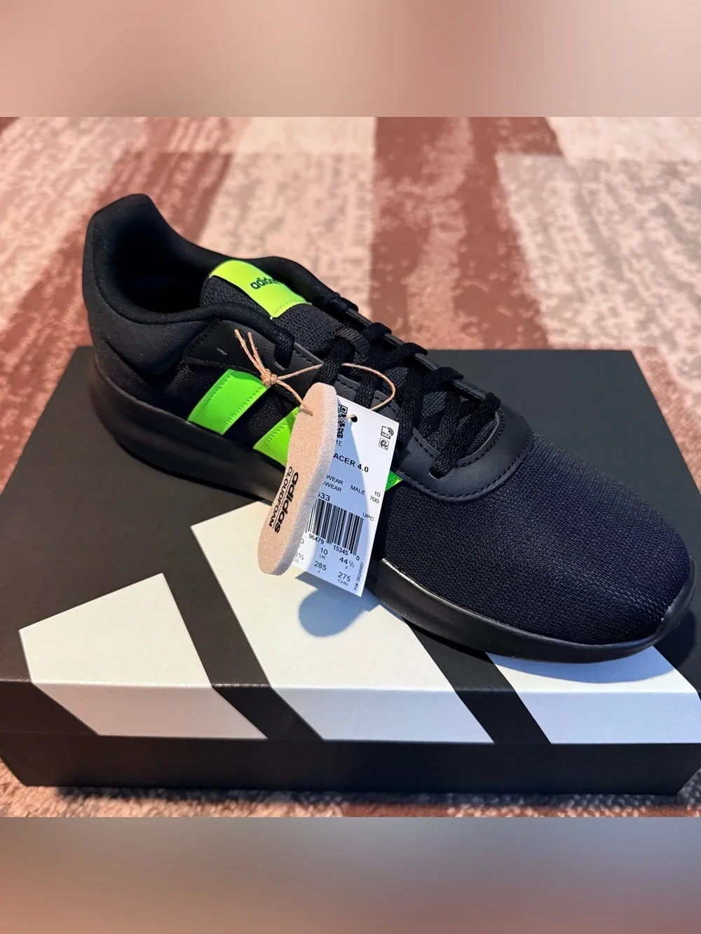 adidas Men's Lite Racer 4.0 Black Running Shoes with Neon Green Stripes